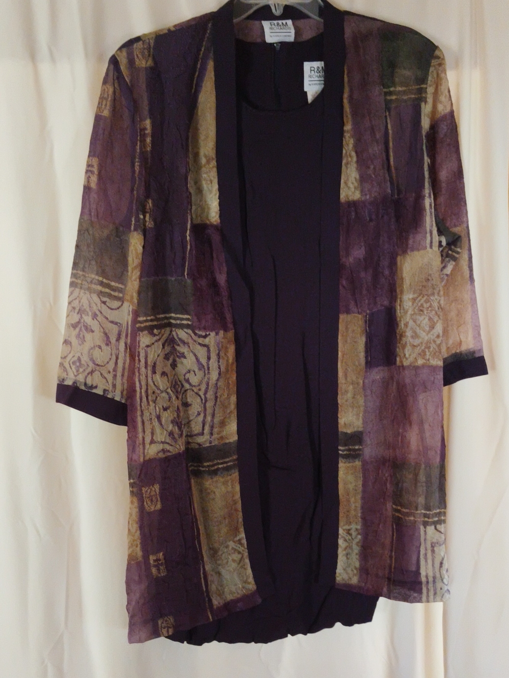 R&M Richards Purple and Cream Patterned Sheer Two-Piece Dress & Overlay
